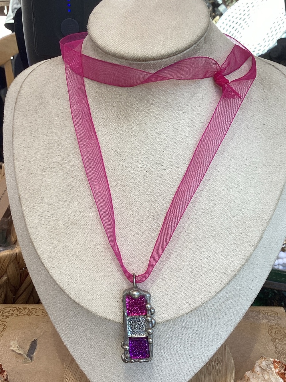 & Other Stories Vintage Fuchsia Ribbon Necklace with Glitter Pendant
